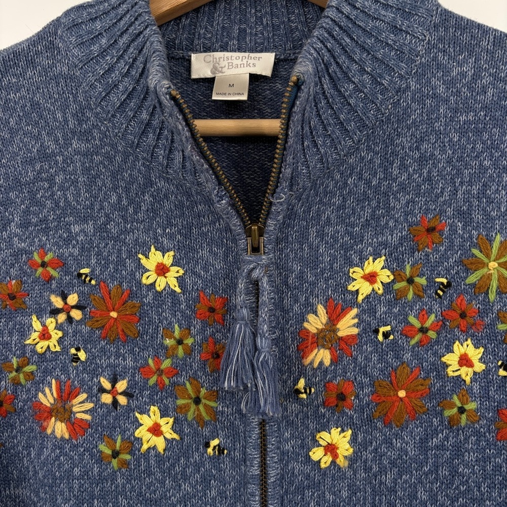 Christopher & Banks Vintage Cardigan Embroidered Bees Flowers Womens M Zip Front